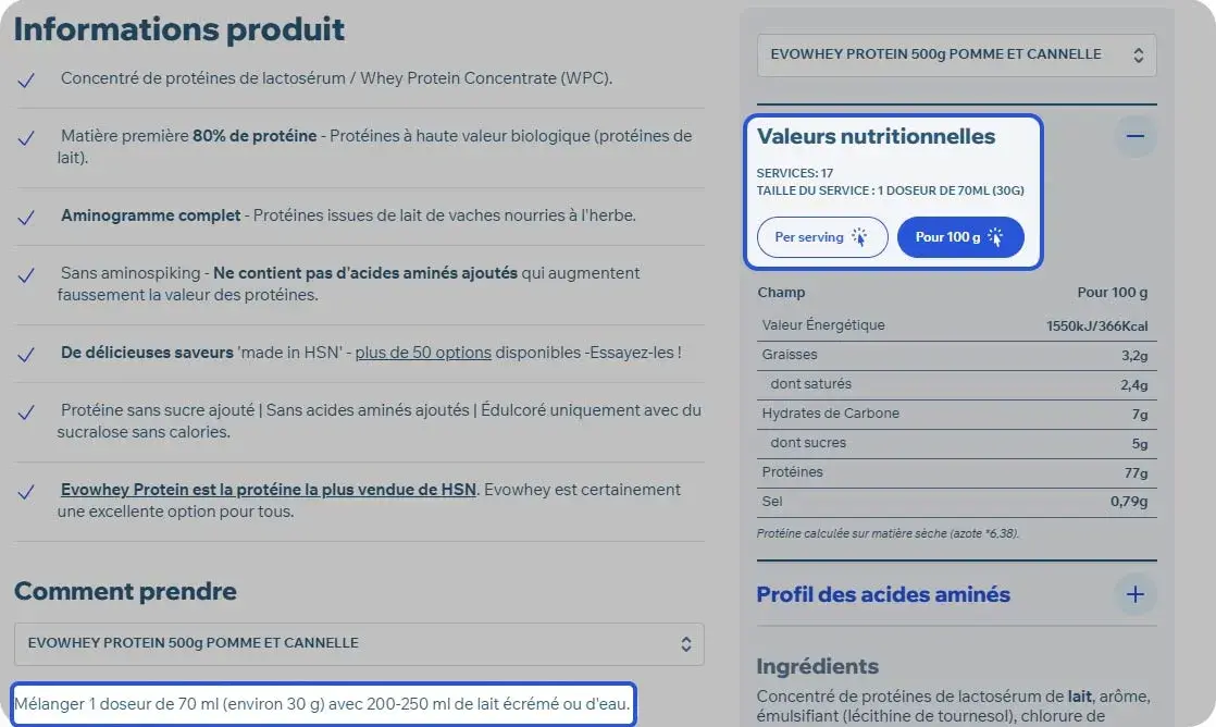 Taille des cuill&egrave;res doseuses de HSN